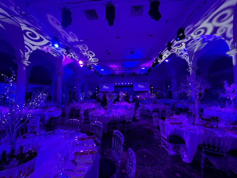 Image of ballroom with decorative lights on the ceiling
