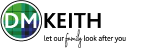 DM keith logo in black green and blue