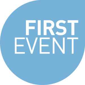 First event logo in blue and white