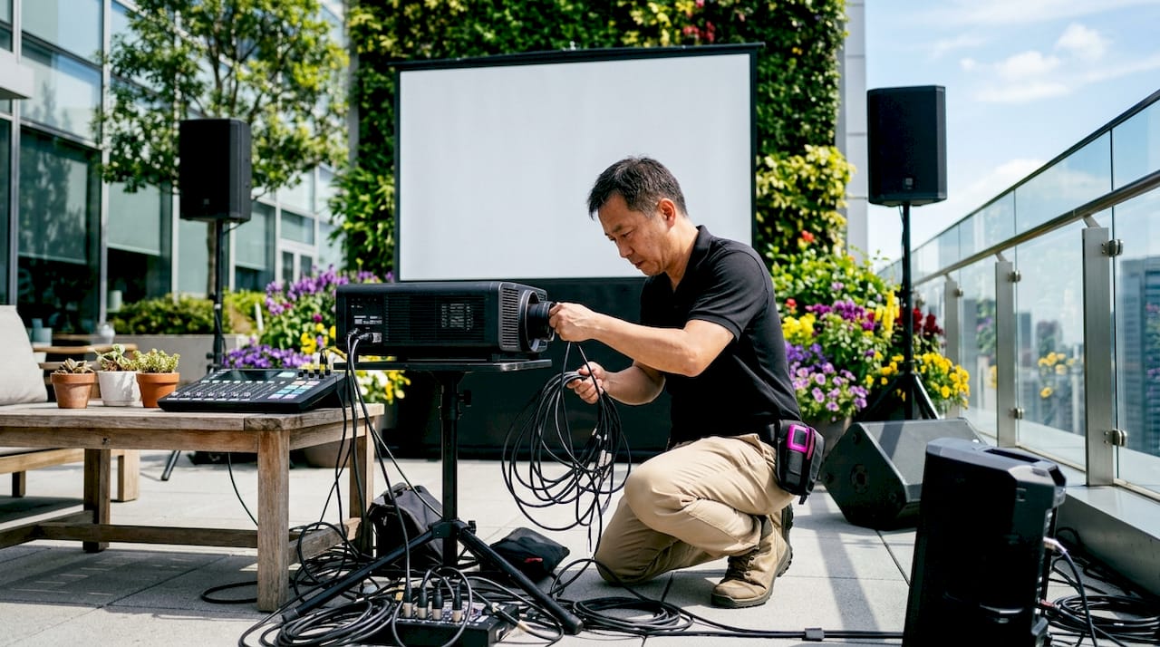 AV technician preparing conference projector