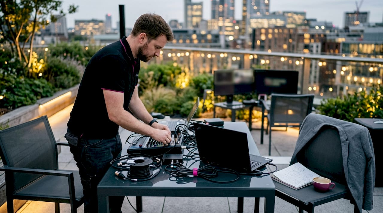Technician setting up AV equipment at corporate event