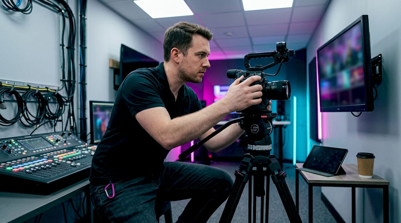 Technician adjusting professional studio broadcast camera