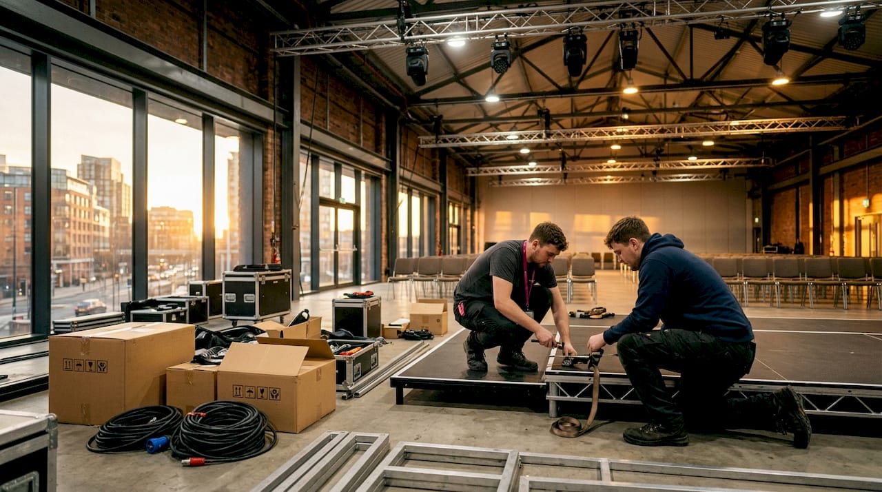 Technicians assembling modular conference stage in Leeds venue