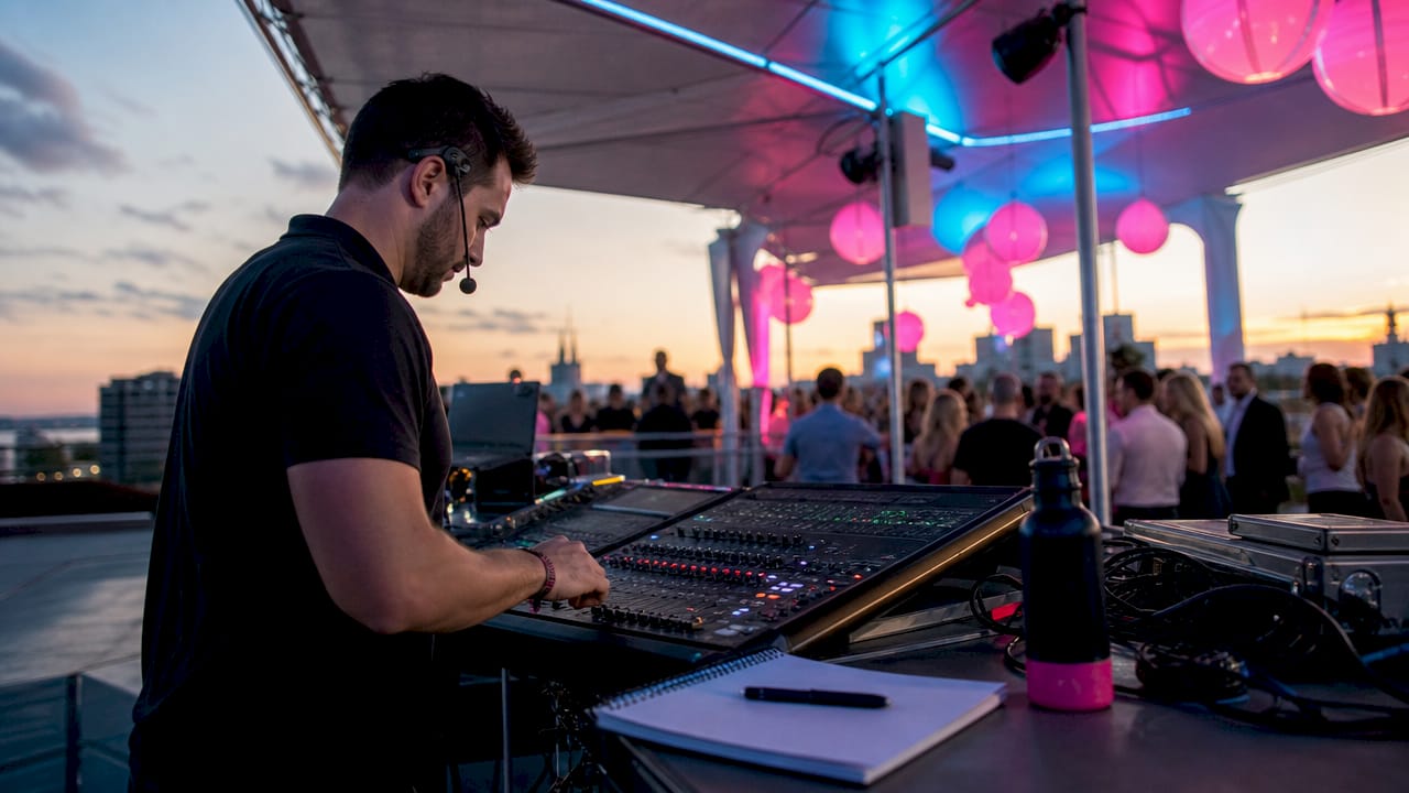 Event technician adjusting PA mixer controls outdoors