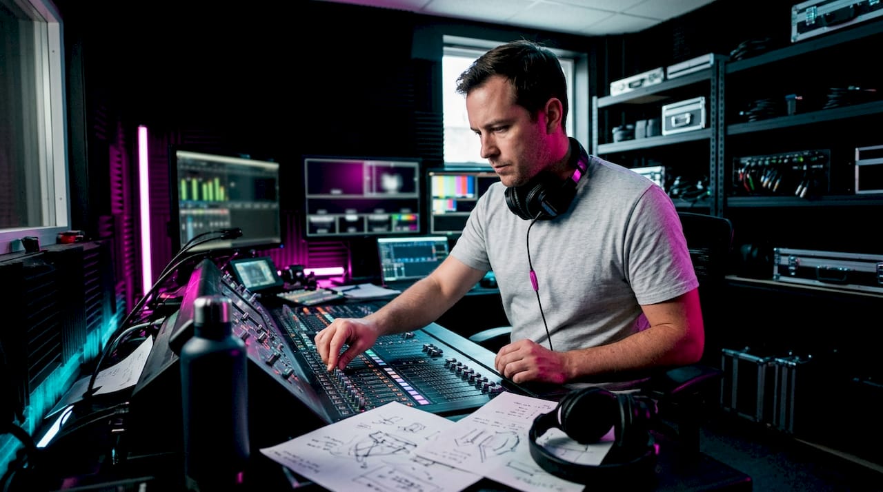 Technician managing concert AV production controls