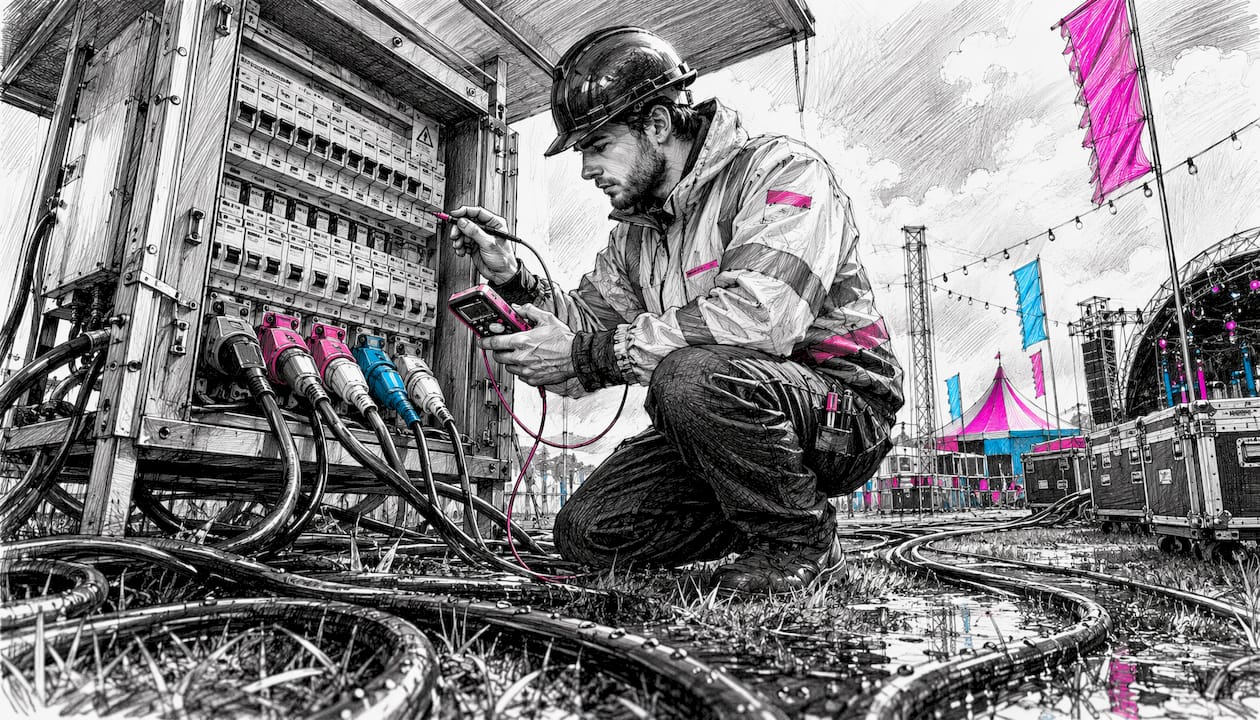 Technician inspecting outdoor power distribution board