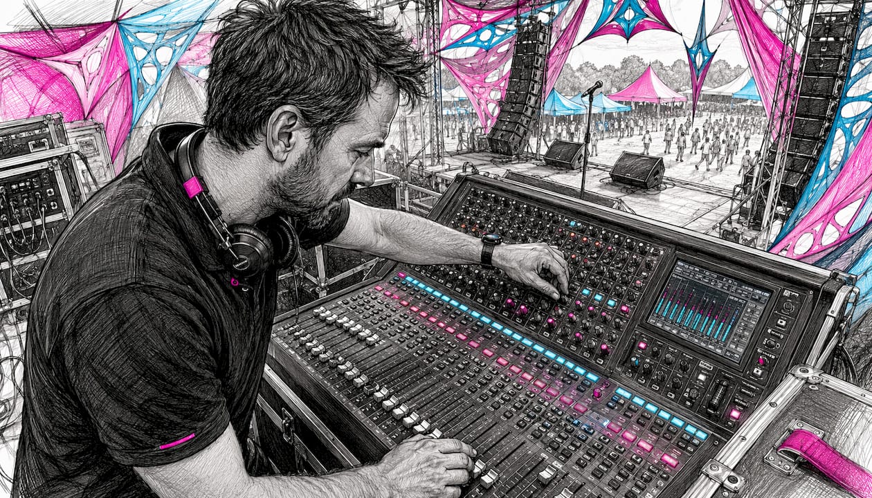 Audio technician adjusting mixing console in conference hall