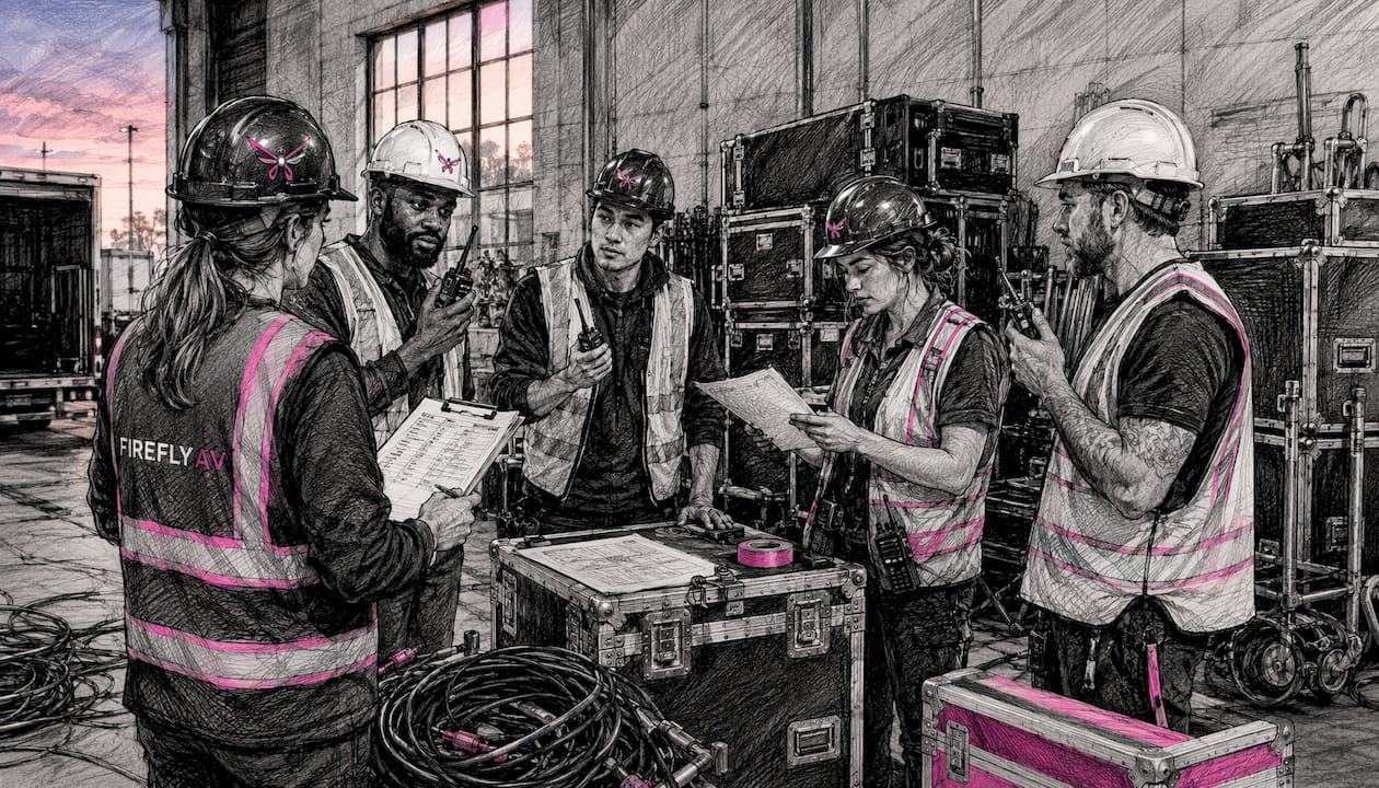 AV technicians coordinating derig in event venue