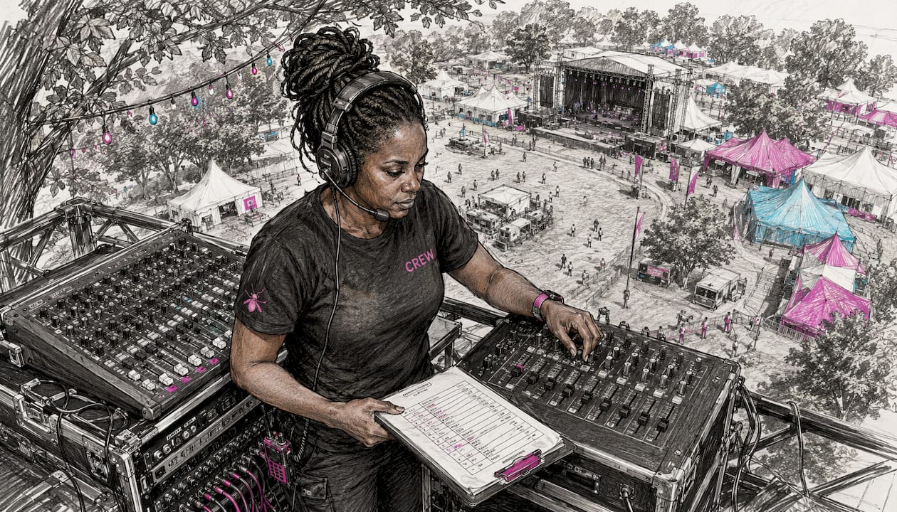 Event technician adjusting audio equipment