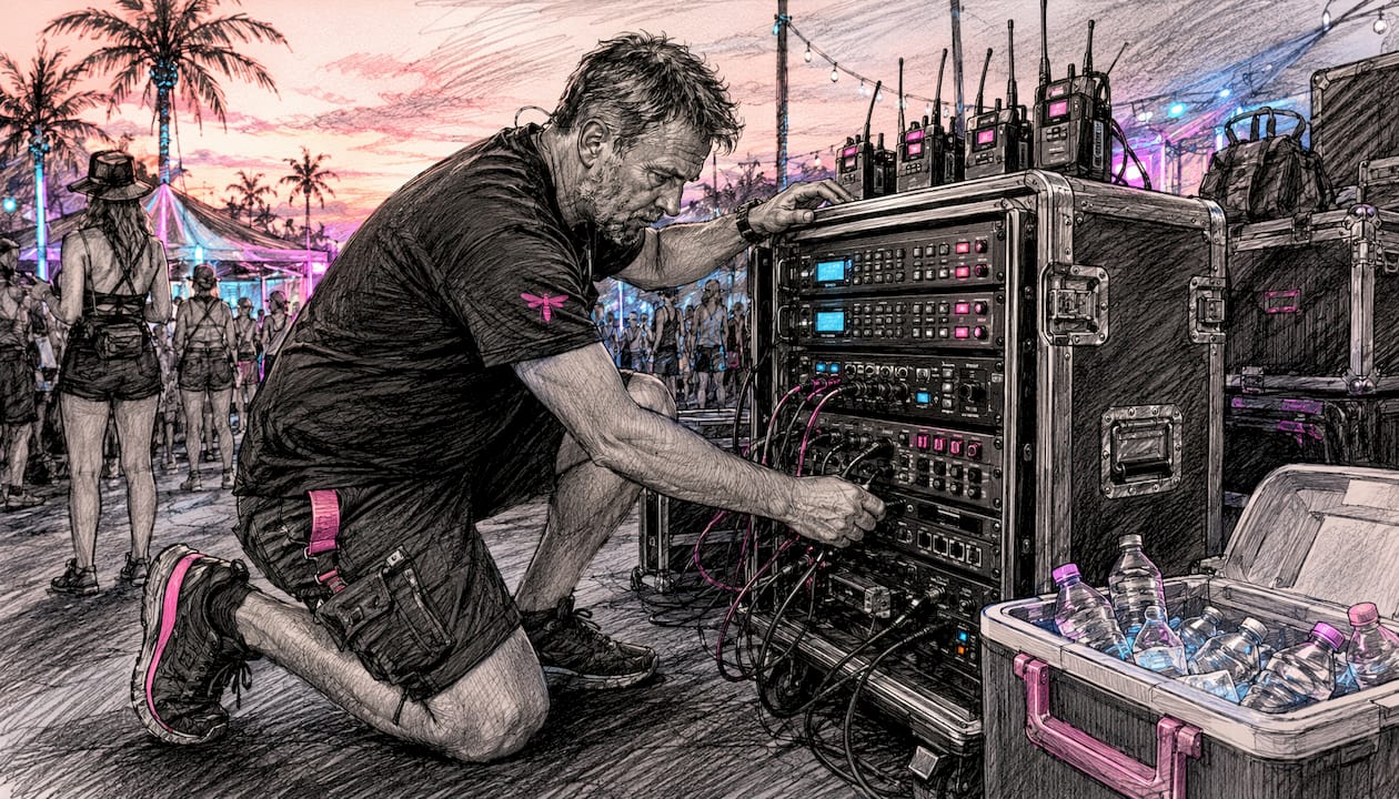 Technician setting up redundant AV equipment backstage