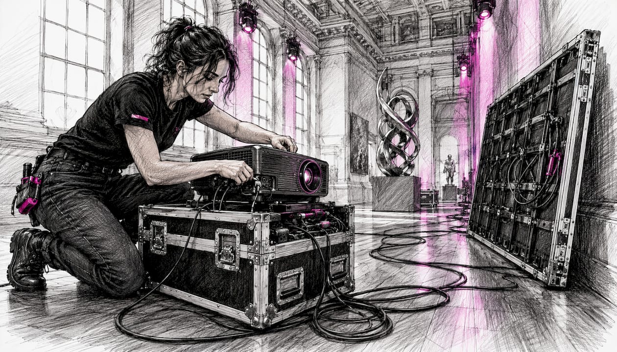 Technician setting up AV equipment in museum event