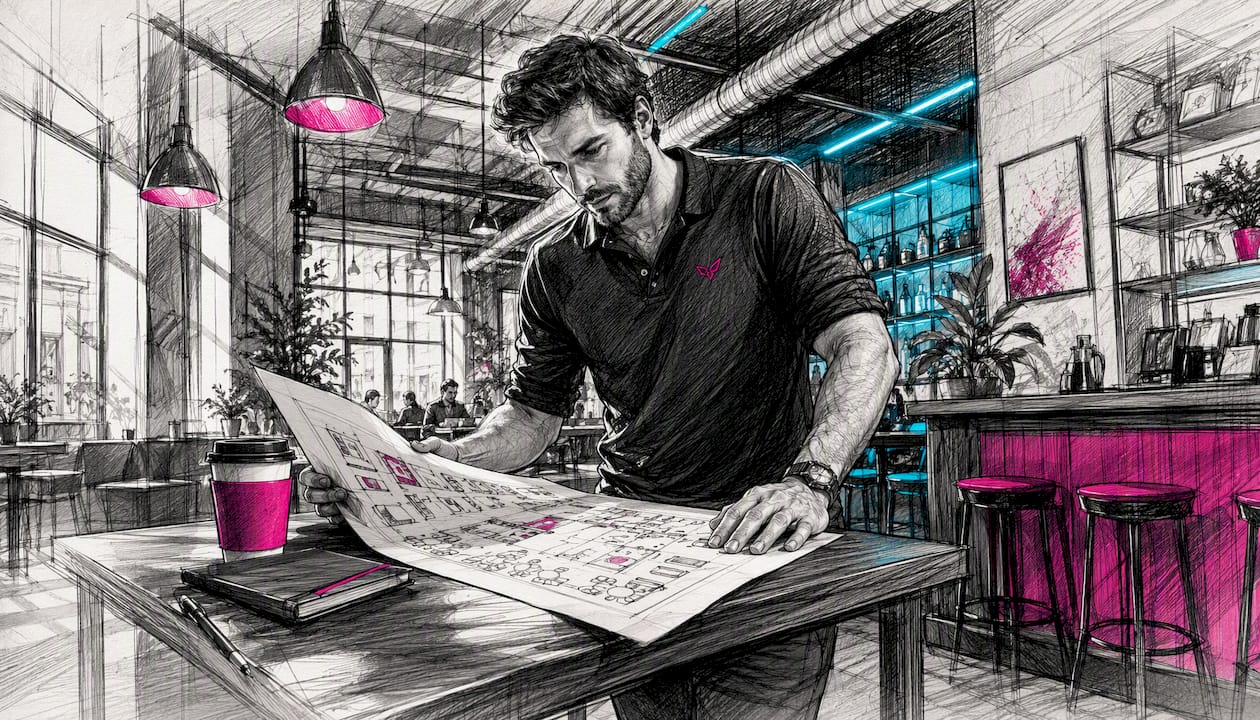 AV event planner reviewing venue floorplan